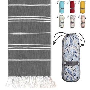 Bay Laurel brand Gray/White Striped Turkish sand free Towel & Carry Bag NWOT
